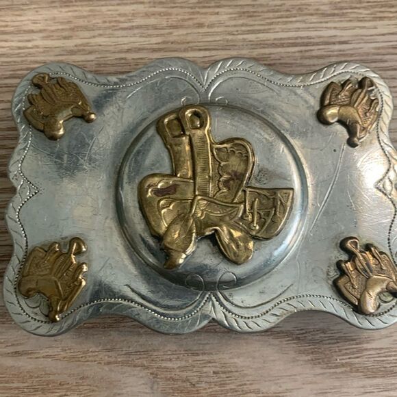 Vintage The Lyntone Co Oklahoma Nickel Silver Belt Buckle Cowboy Western Saddle - Picture 1 of 17